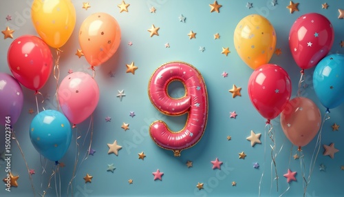Colorful birthday photo. Number nine balloon surrounded by vibrant balloons, stars. Festive scene for ninth birthday, party. Joyful celebration, fun time, holiday. Cheerful colorful background.
