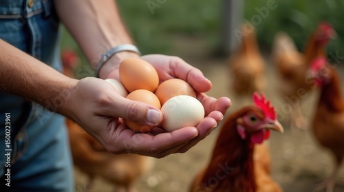 Farmer holding fresh eggs with hens in background on a free range farm