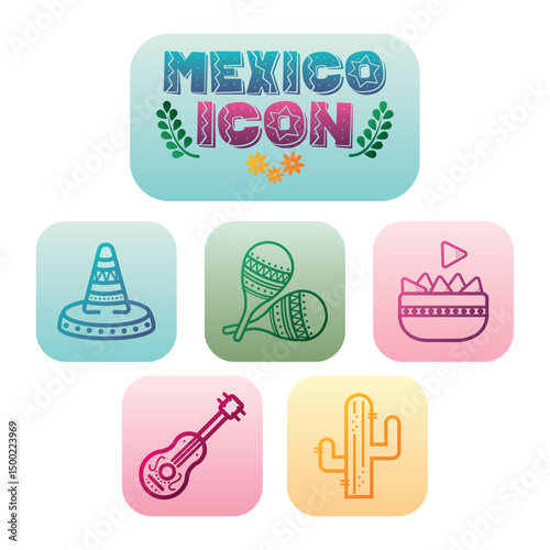 Outlined mexico icons set. Vector
