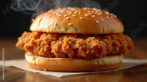 Crispy chicken sandwich with steamy bun on wooden surface