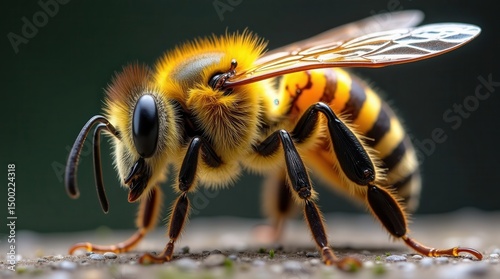 Close-up of a vibrant bee on a surface with detailed wings and fuzzy body