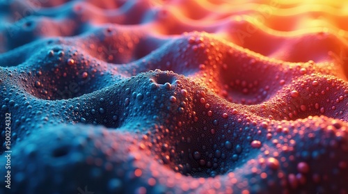 Abstract macro shot of colorful wavy surface with water droplets and vibrant lighting