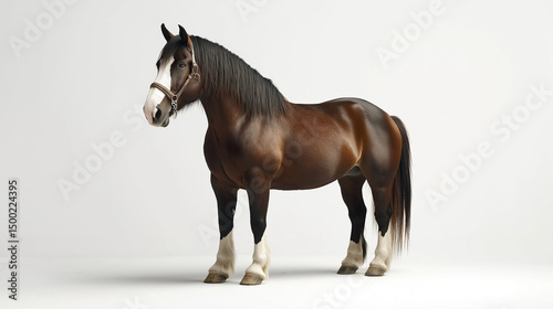 A majestic Clydesdale brown horse with a broad frame, feathered legs, and a flowing mane stands proudly, known for its strength and gentle temperament isolated on white background
