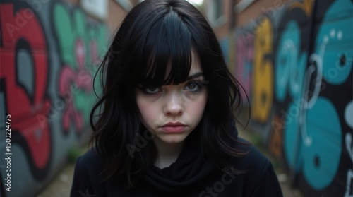 Moody urban portrait: young woman with graffiti alley background