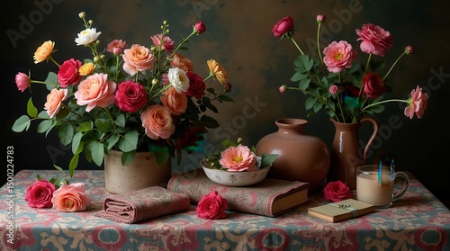 Elegant arrangement of vibrant roses and peonies on a patterned tablecloth with books and pottery