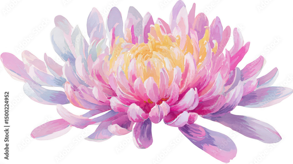 Obraz premium Watercolor flower, pastel-colored chrysanthemum with pink and yellow petals on a white background, png, transparent