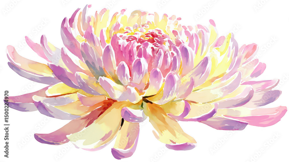 Obraz premium Watercolor flower, pastel-colored chrysanthemum with pink and yellow petals on a white background, png, transparent