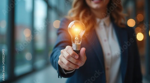 Businesswoman holding glowing light bulb symbolizing innovation and creativity