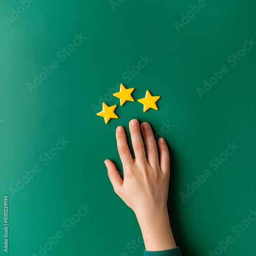 Three Yellow Stars Rating Hand Green Background Feedback