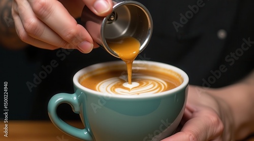 Barista pouring latte art heart design into ceramic cup