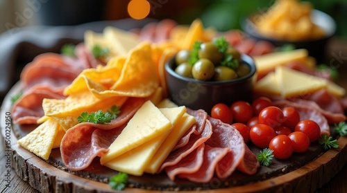 Delicious charcuterie board with cheese, olives, and cherry tomatoes