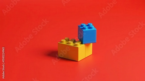 Colorful building blocks on vibrant red background for creative play and design concepts