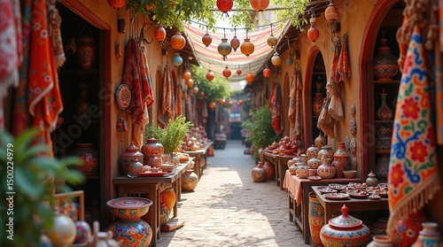 Colorful moroccan market alley with traditional ceramics and lanterns