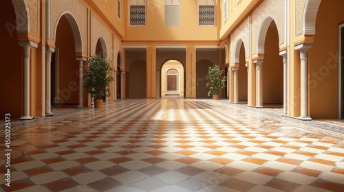 Sunlit Courtyard with Checkered Floor and Moorish Arches