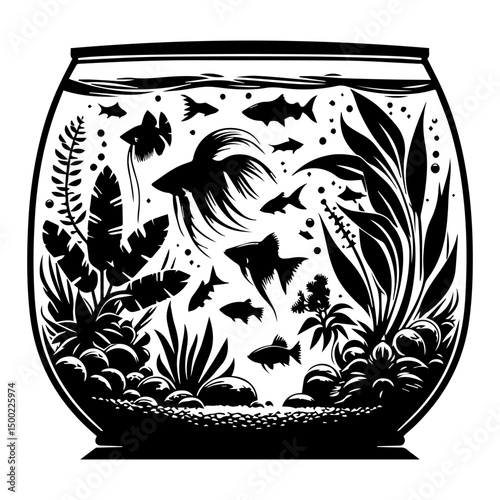 A black and white silhouette of an aquarium with different fish on a white isolated background. Vector graphics. EPS.