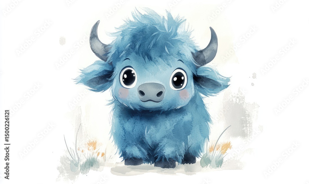 Fototapeta premium Fluffy blue buffalo with big eyes in watercolor style, isolated on white background. AI generated illustration.