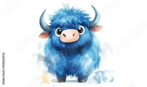Fluffy blue buffalo with big eyes in watercolor style, isolated on white background. AI generated illustration.