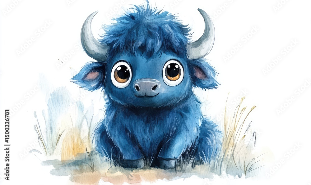 Fototapeta premium Fluffy blue buffalo with big eyes in watercolor style, isolated on white background. AI generated illustration.