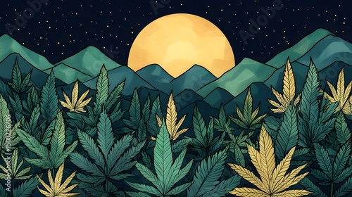 Cannabis Plants Moonlit Mountain Landscape Illustration