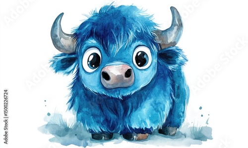 Fluffy blue buffalo with big eyes in watercolor style, isolated on white background. AI generated illustration.