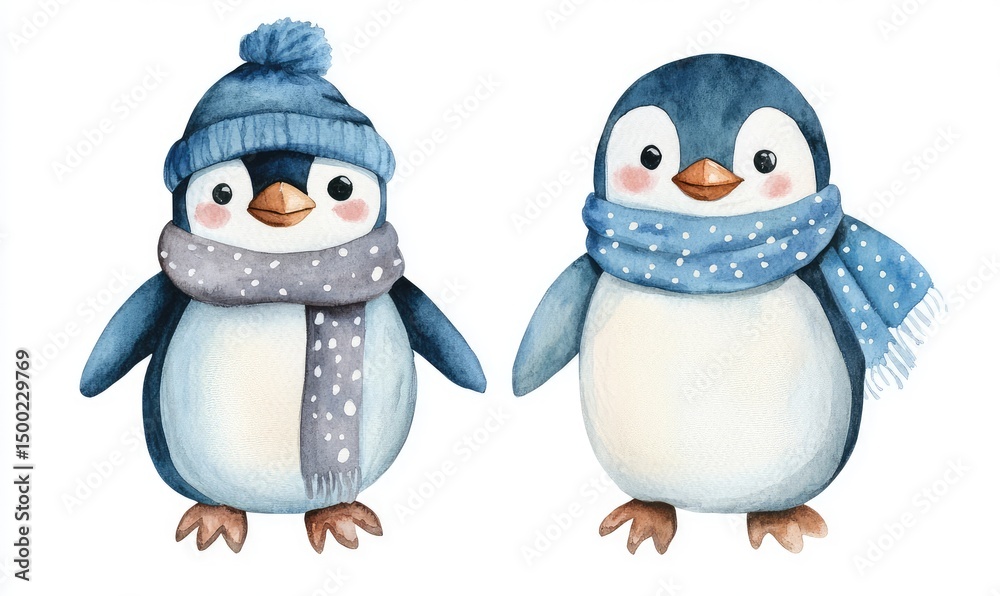 Fototapeta premium Kid penguin doll watercolor. AI generated illustration.