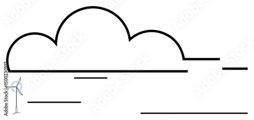 Wind turbine beneath a large outlined cloud with stylized wind flow lines. Ideal for renewable energy, sustainability, environmental protection, clean energy, wind power, eco-conscious solutions