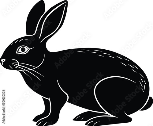 A cute black and white bunny illustration, perfect for Easter, featuring a charming animal silhouette vector