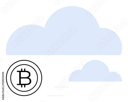 Bitcoin logo near overlapping clouds representing blockchain, digital currency, and virtual storage solutions. Ideal for cryptocurrency, finance, technology, data management, cloud computing