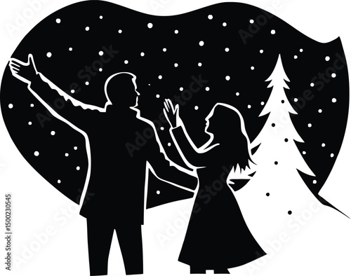 couple enjoying snow fall,couple enjoying snowfall silhouette,romantic winter walk silhouette