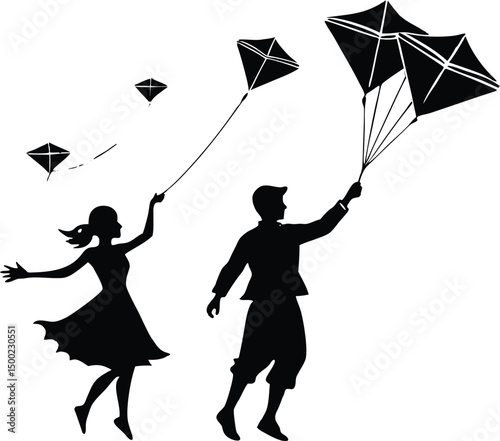 couple flying kites,couple flying kites silhouette,kite flying couple silhouette