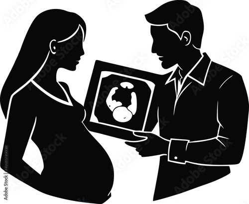 couple looking at baby ultrasound,couple looking at baby ultrasound silhouette,ultrasound reveal moment silhouette