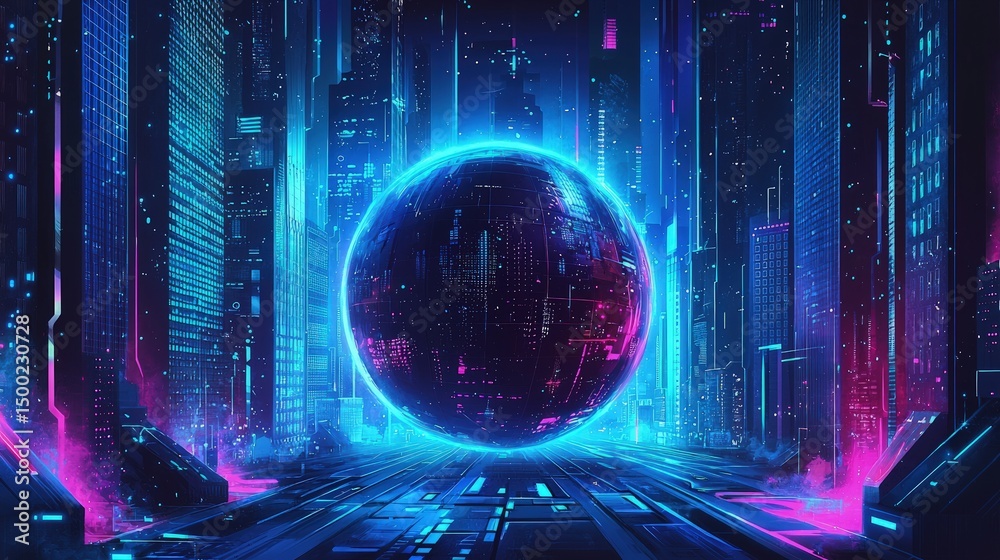Fototapeta premium Futuristic cityscape with glowing sphere.