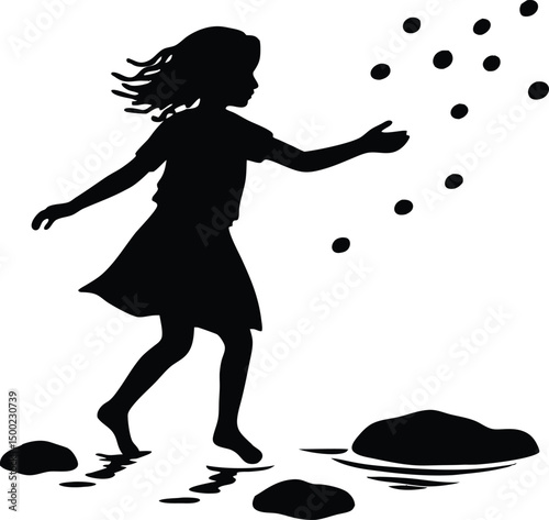 girl skipping stones,girl skipping stones silhouette,stone skipping silhouette