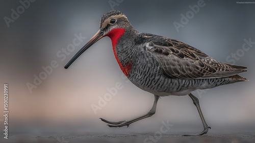 Spoon-billed Sandpiper: A Spoon-billed Sandpiper, distinctive beak, searches for food along the coastline. The bird is shown in mid-stride, highlighting its unique adaptation. photo