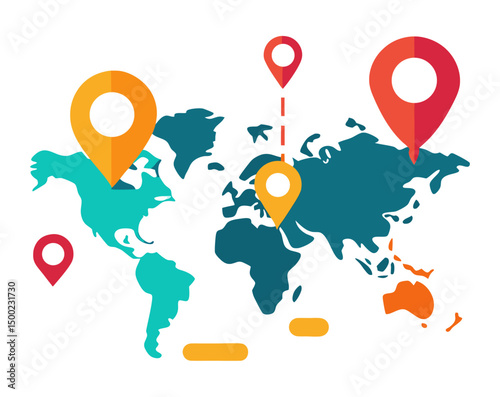 An abstract, flat design illustration of a world map with multiple colorful location pin icons, indicating global presence or mapping.