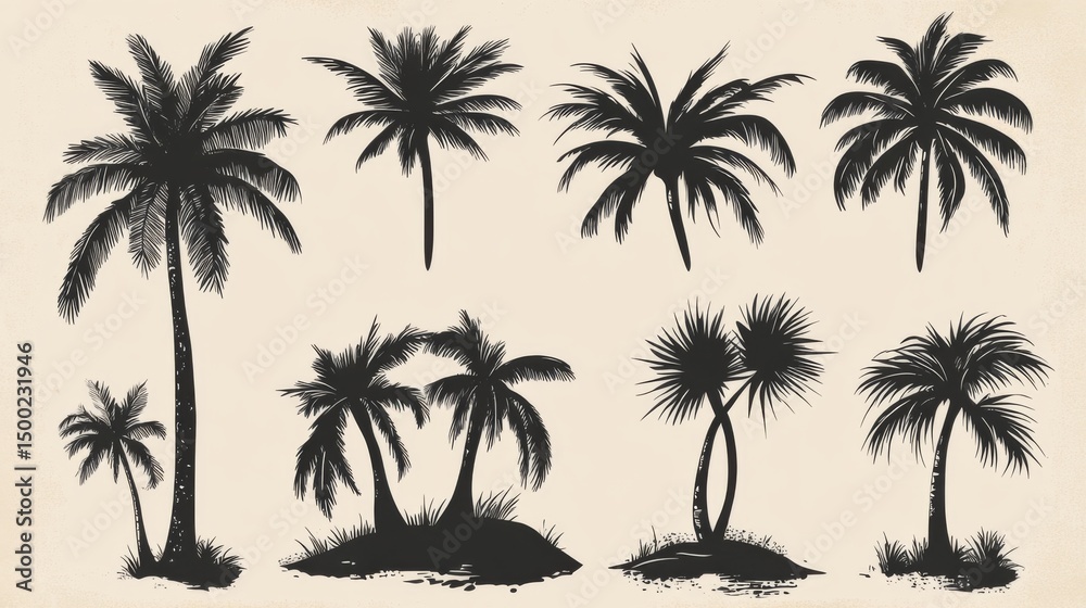 Naklejka premium Summer palm logo template set with hand drawn tropical palm trees and boho elements
