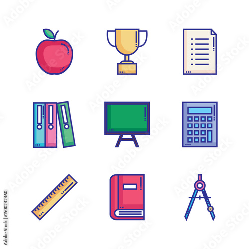 Flat Line Icons of Essential School Supplies for Learning