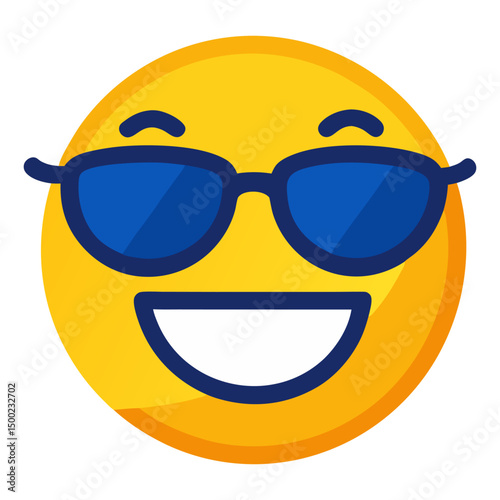 A classic yellow emoji face with a wide smile and cool blue sunglasses, conveying a sense of coolness or happiness.