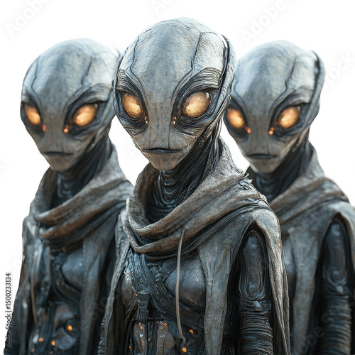 Three grey aliens extraterrestrials from outer space science fiction artwork on transparent background