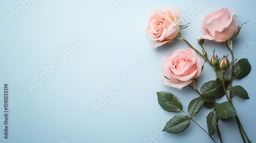 Photograph of three pink roses and green leaves on a pale blue background.