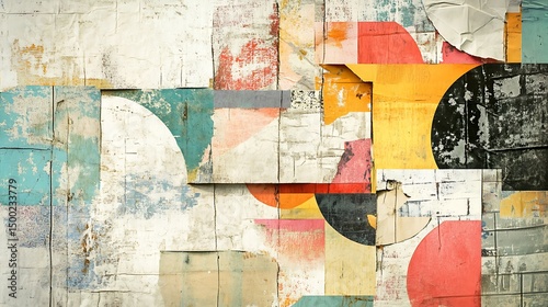 Photograph of abstract collage features layered geometric shapes in muted colors with distressed textures.