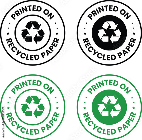 Printed on recycled paper badge. Printed on recycled paper icons set, Printed on recycled paper sticker set, Printed on recycled paper label.