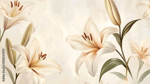 Digital illustration of several creamy white lilies with green leaves, creating a serene floral arrangement.