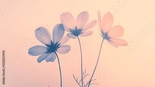 X-ray style image showcases three delicate cosmos flowers against a pale peach background.
