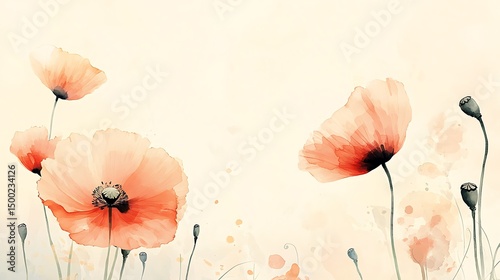 Watercolor illustration depicts three delicate, orange poppies with black centers on a light background.