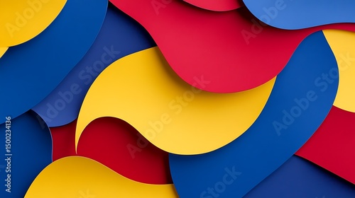 Digital illustration of layered, overlapping, abstract shapes in yellow, red, and blue.