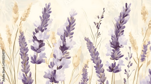 Watercolor illustration depicts lavender stems against a muted beige background.