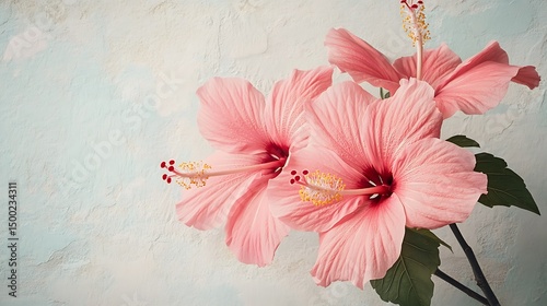 Photograph of pink hibiscus flowers against a pale teal background, showcasing delicate petals and yellow stamens.