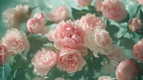 Photograph of a lush cluster of pink and white peonies against a muted green background.