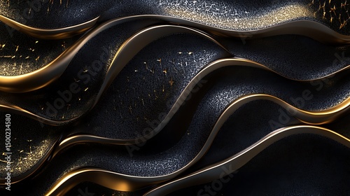 3D render of flowing, golden lines over a dark, textured, glittery surface.